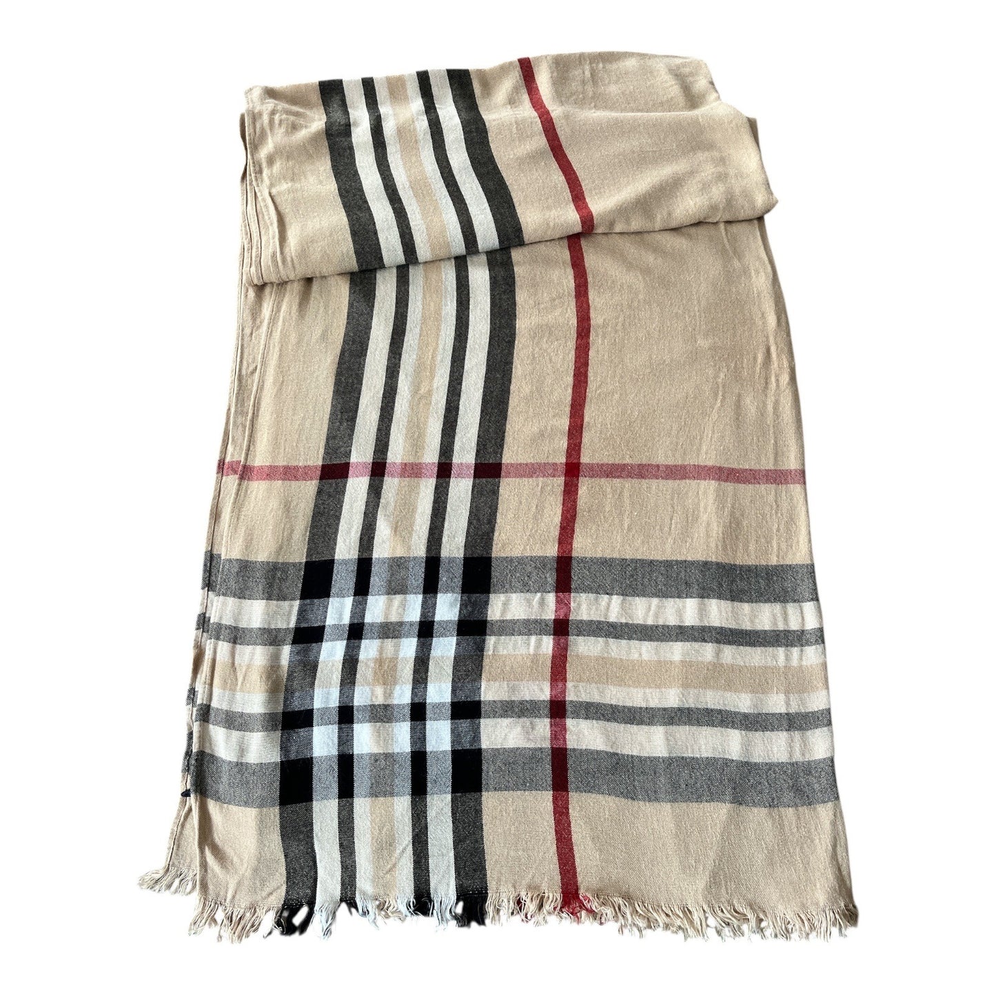 Classic Check Pattern Scarf Neutral Tan Fringe Wrap Large Lightweight