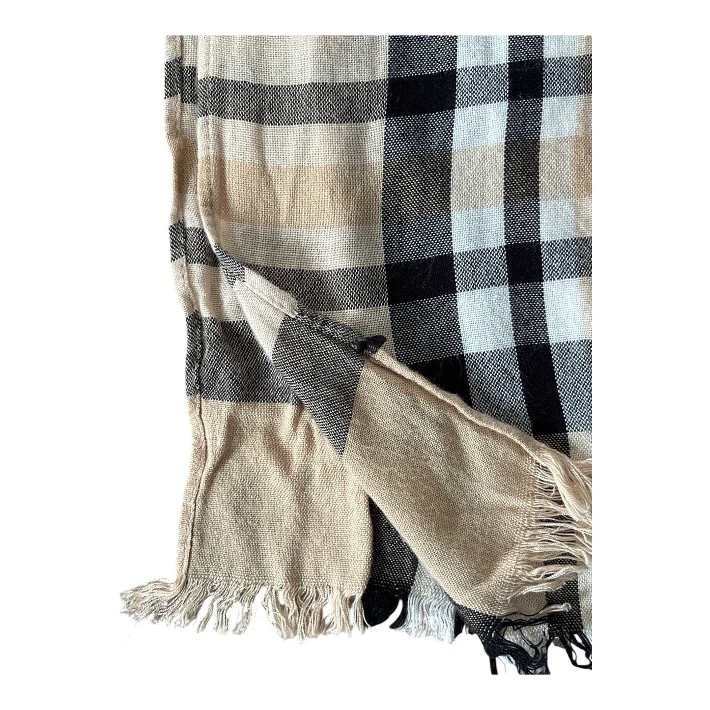 Classic Check Pattern Scarf Neutral Tan Fringe Wrap Large Lightweight