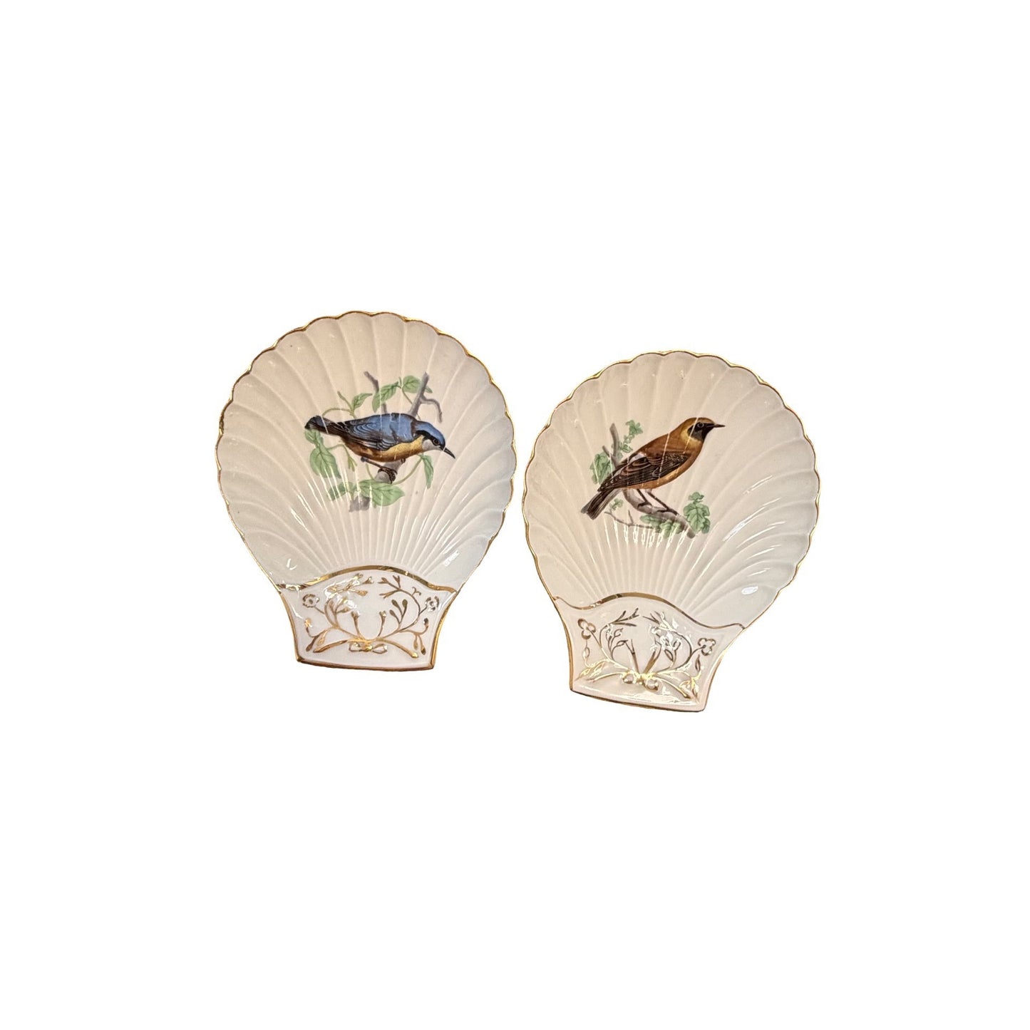 Vintage French Porcelain Shell Dishes Le Faune Bird Motif Pink Gold Trim Set of 2