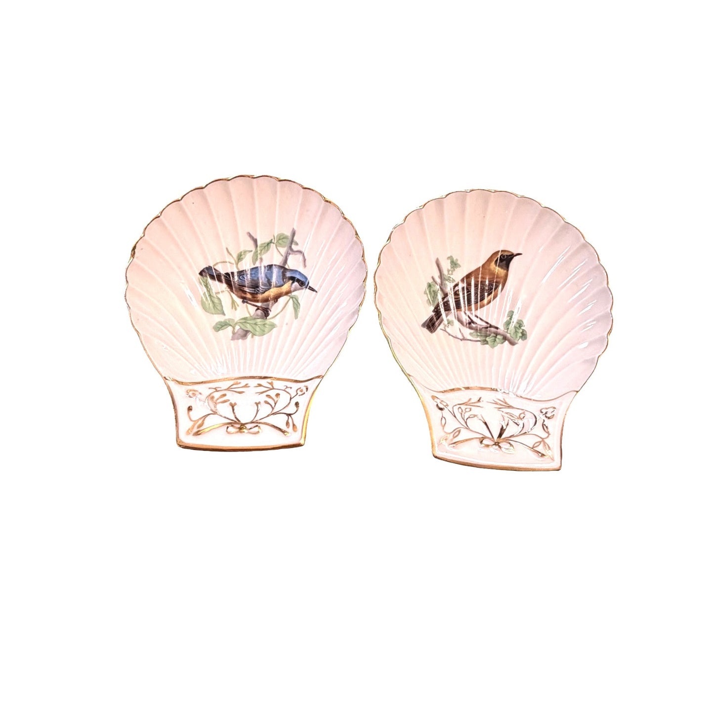 Vintage French Porcelain Shell Dishes Le Faune Bird Motif Pink Gold Trim Set of 2