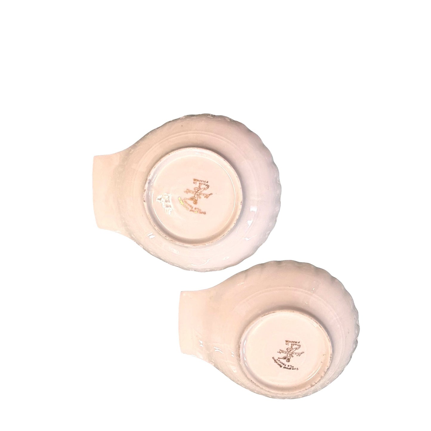 Vintage French Porcelain Shell Dishes Le Faune Bird Motif Pink Gold Trim Set of 2