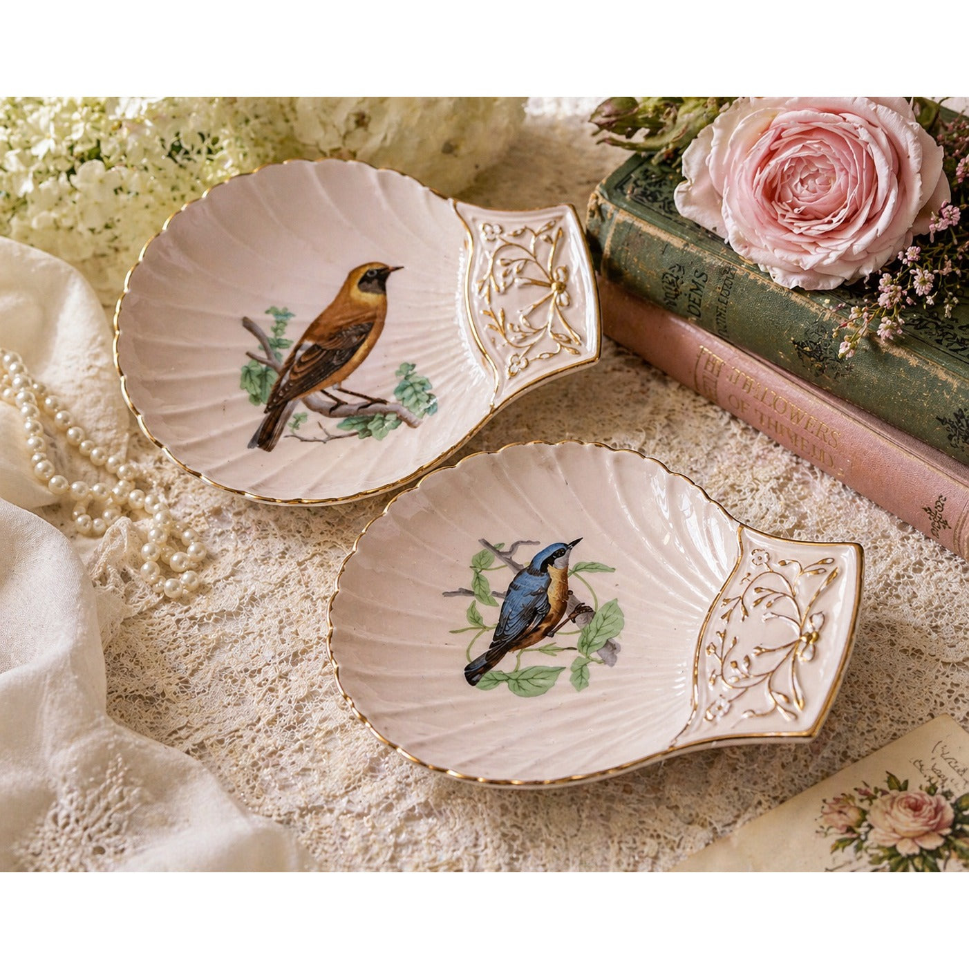 Vintage French Porcelain Shell Dishes Le Faune Bird Motif Pink Gold Trim Set of 2