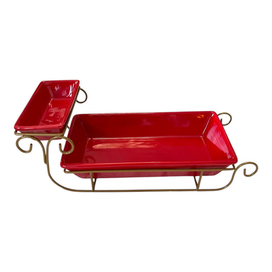 Gold Metal Christmas Sleigh with Two Red Ceramic Gift Trays – Holiday Serving Set Centerpiece – Early 2000s