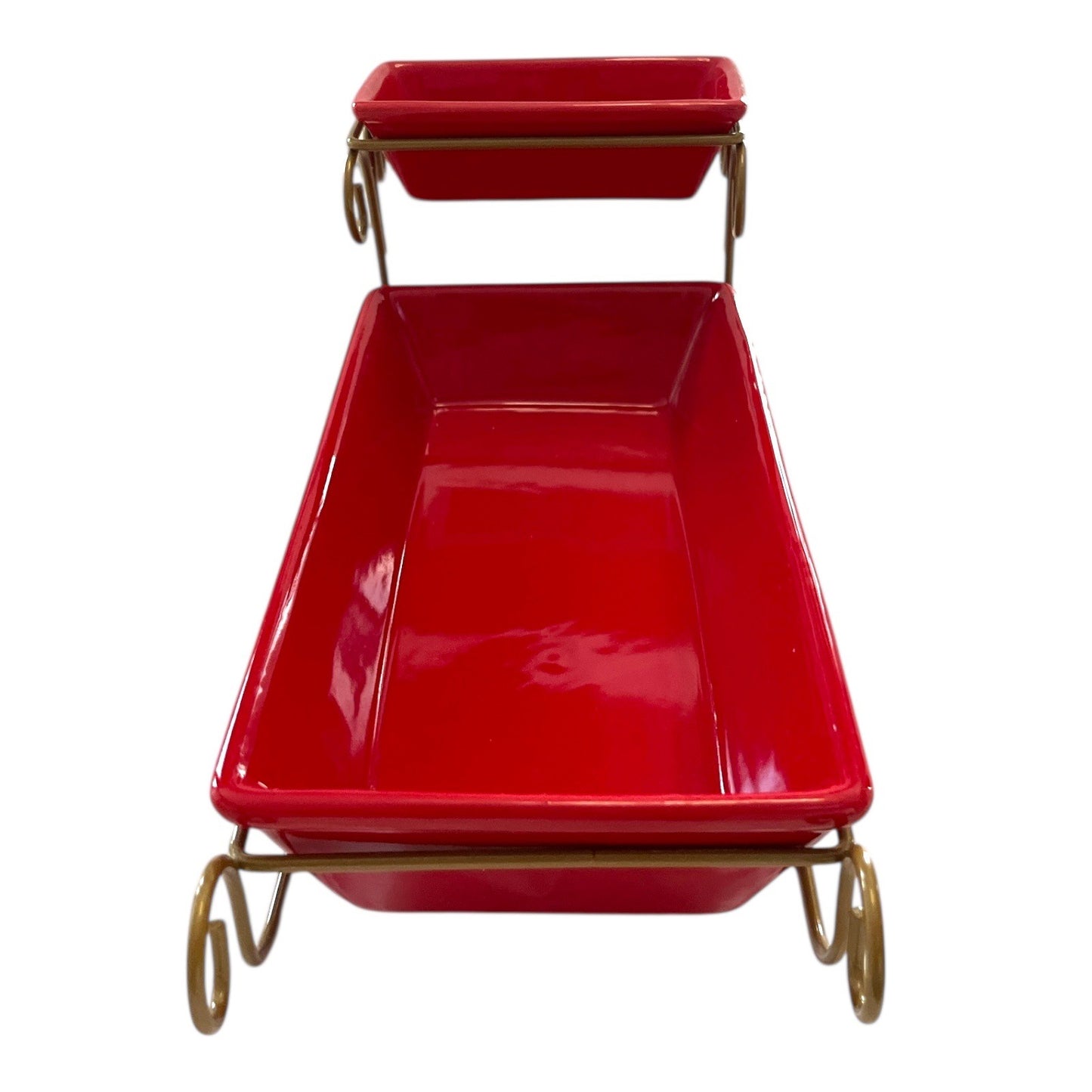 Gold Metal Christmas Sleigh with Two Red Ceramic Gift Trays – Holiday Serving Set Centerpiece – Early 2000s
