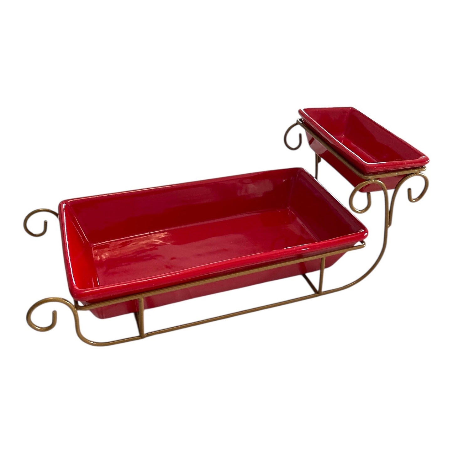 Gold Metal Christmas Sleigh with Two Red Ceramic Gift Trays – Holiday Serving Set Centerpiece – Early 2000s