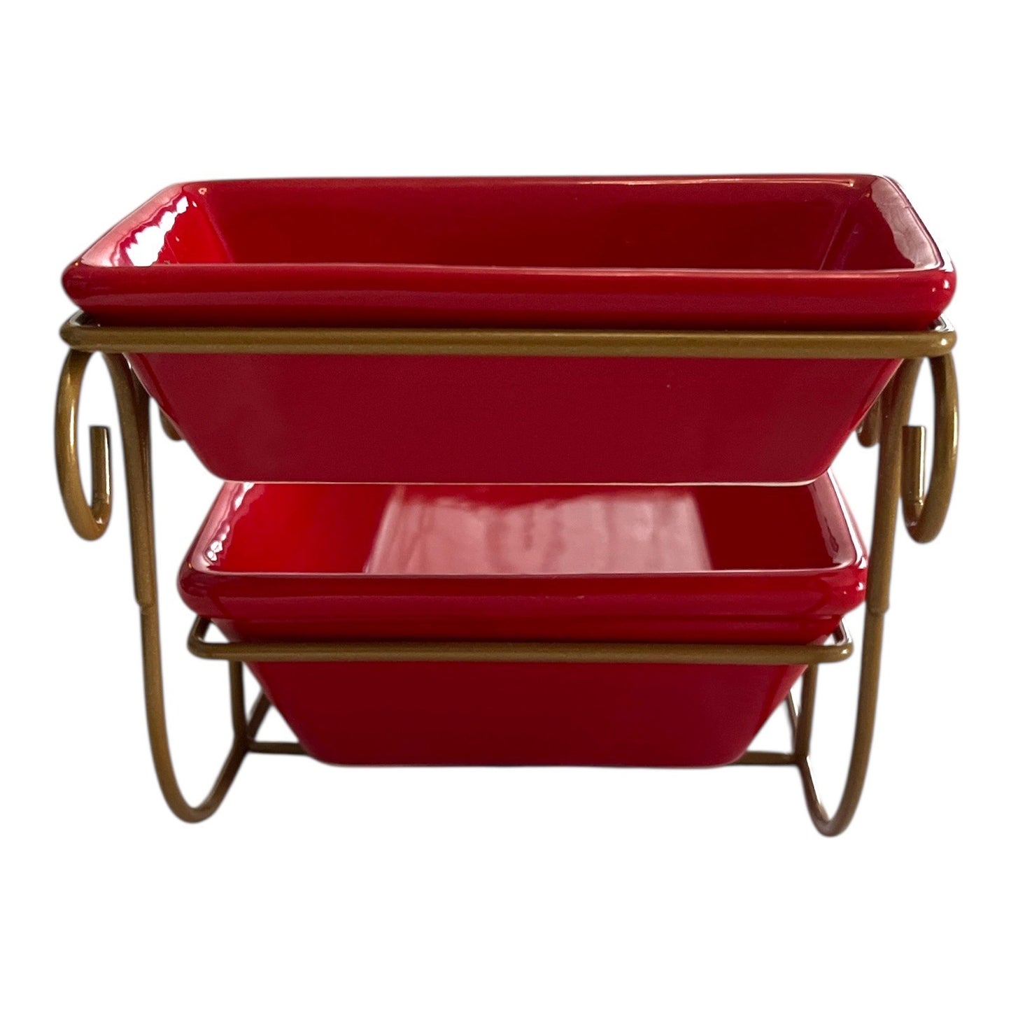 Gold Metal Christmas Sleigh with Two Red Ceramic Gift Trays – Holiday Serving Set Centerpiece – Early 2000s