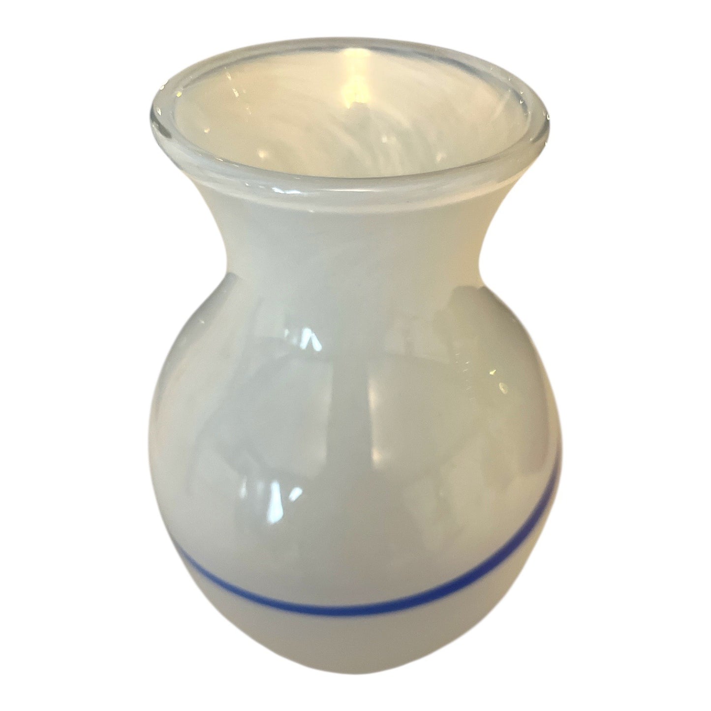 IKEA Ingegerd Råman White Opaline Art Glass Vase Blue Swirl Scandinavian 5.5”