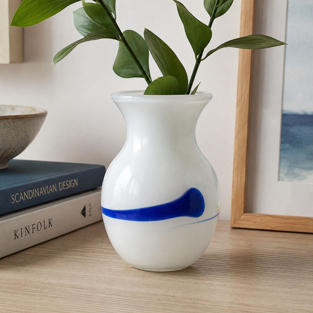 IKEA Ingegerd Råman White Opaline Art Glass Vase Blue Swirl Scandinavian 5.5”
