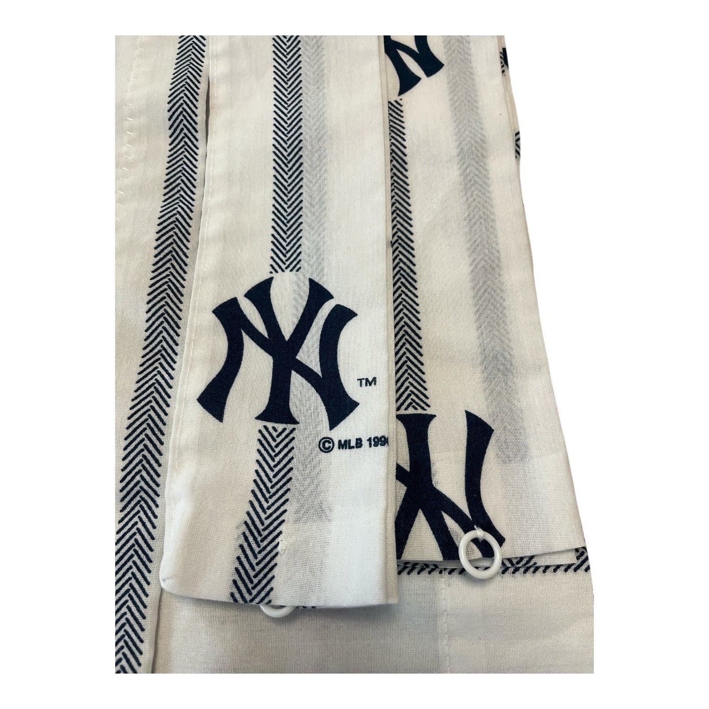 Vintage 1996 New York Yankees MLB Window Curtain Set – 4 Panels, 2 Valances, 4 Tiebacks – Navy Pinstripe Logo Design