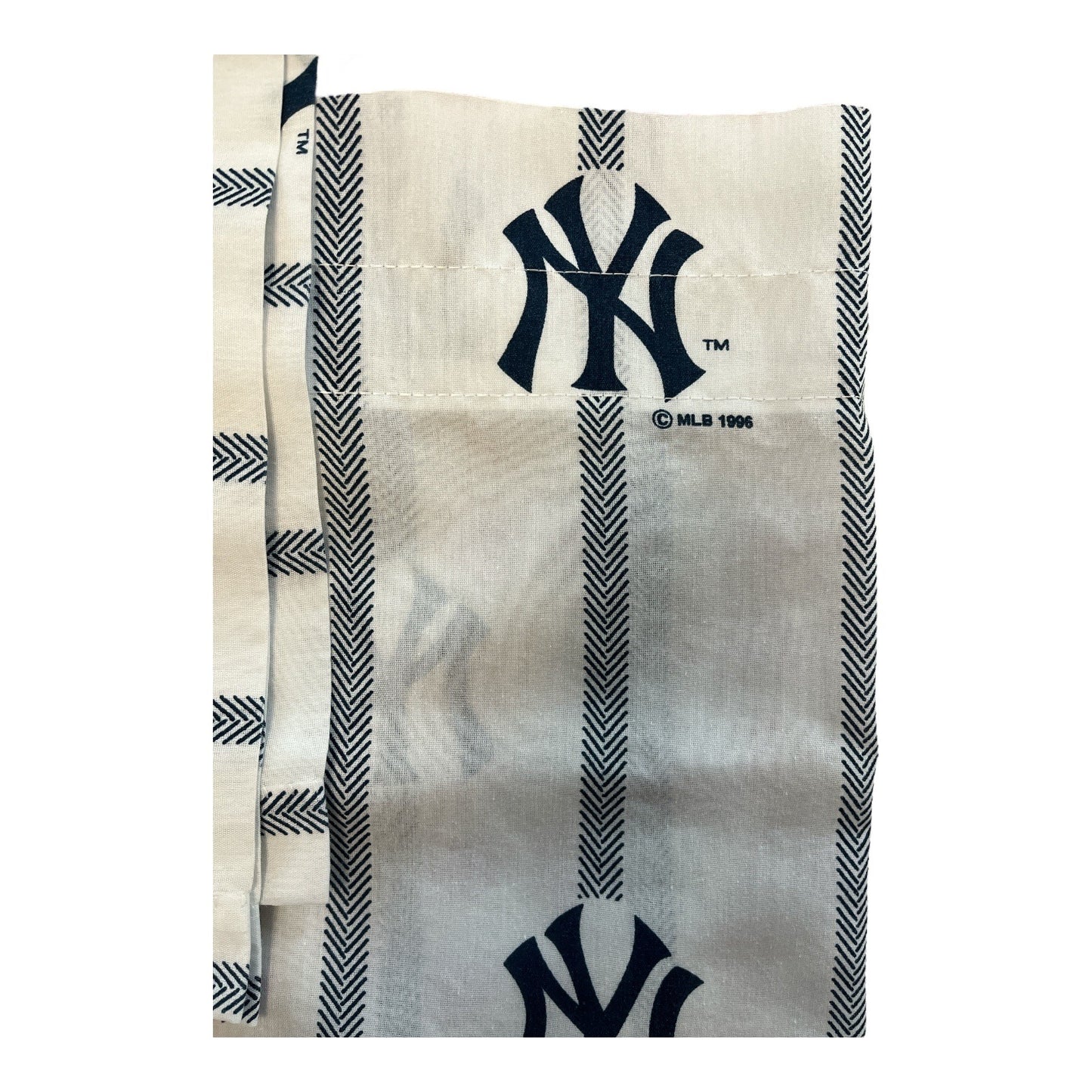 Vintage 1996 New York Yankees MLB Window Curtain Set – 4 Panels, 2 Valances, 4 Tiebacks – Navy Pinstripe Logo Design