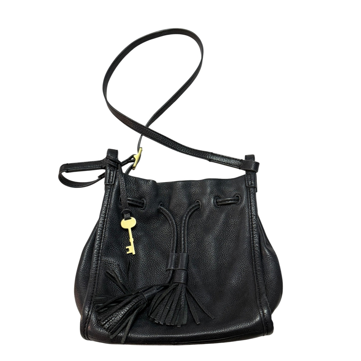 Vintage Fossil 75082 Black Leather Drawstring Bucket Crossbody Bag Key Tassels