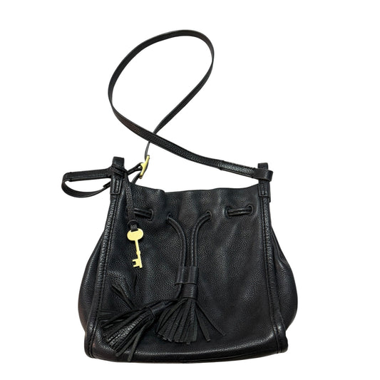 Vintage Fossil 75082 Black Leather Drawstring Bucket Crossbody Bag Key Tassels