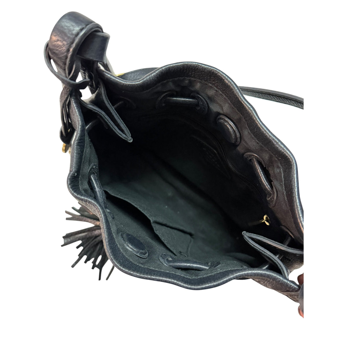 Vintage Fossil 75082 Black Leather Drawstring Bucket Crossbody Bag Key Tassels