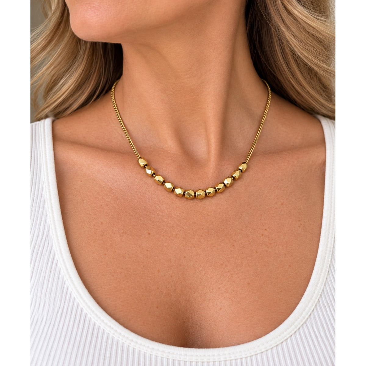 Vintage Antiqued Gold Tone Faceted Geometric Bead Choker Necklace 15 Inch
