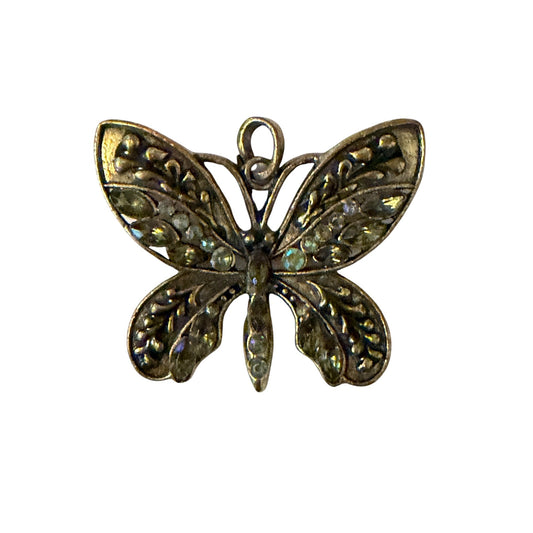Vintage Gold Tone Butterfly Pendant Charm Aurora Borealis Rhinestones 2.5 x 2 Decorative Jewelry Finding