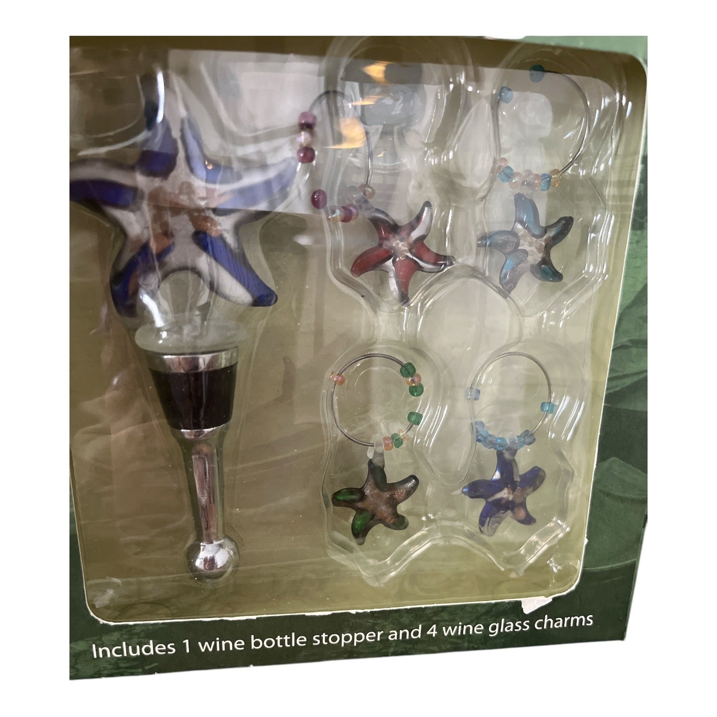 Venezia Studio Wine Bottle Stopper & Glass Charms Set Starfish Glass Art Style
