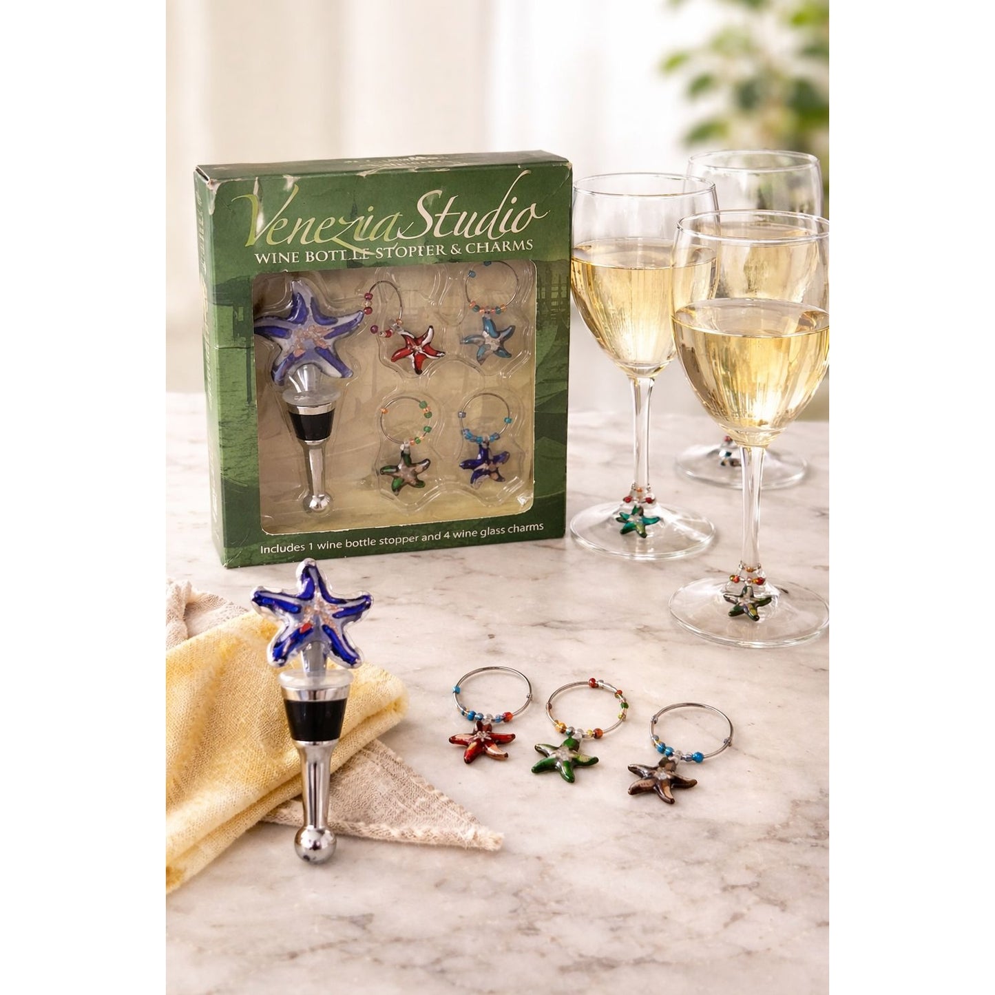 Venezia Studio Wine Bottle Stopper & Glass Charms Set Starfish Glass Art Style
