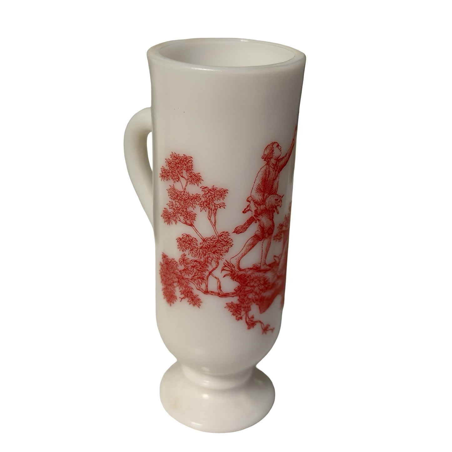 Vintage Milk Glass Pedestal Mug Red Toile Scene Colonial Couple Footed Cup