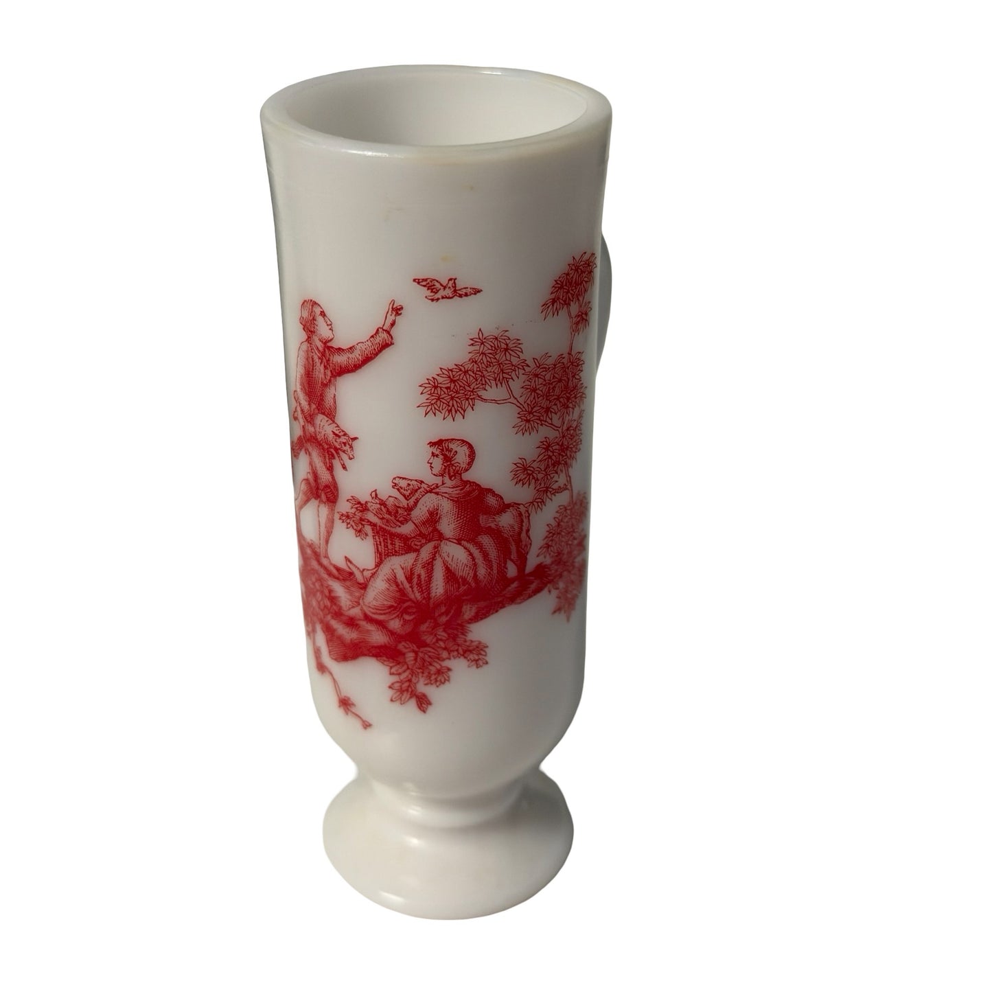 Vintage Milk Glass Pedestal Mug Red Toile Scene Colonial Couple Footed Cup