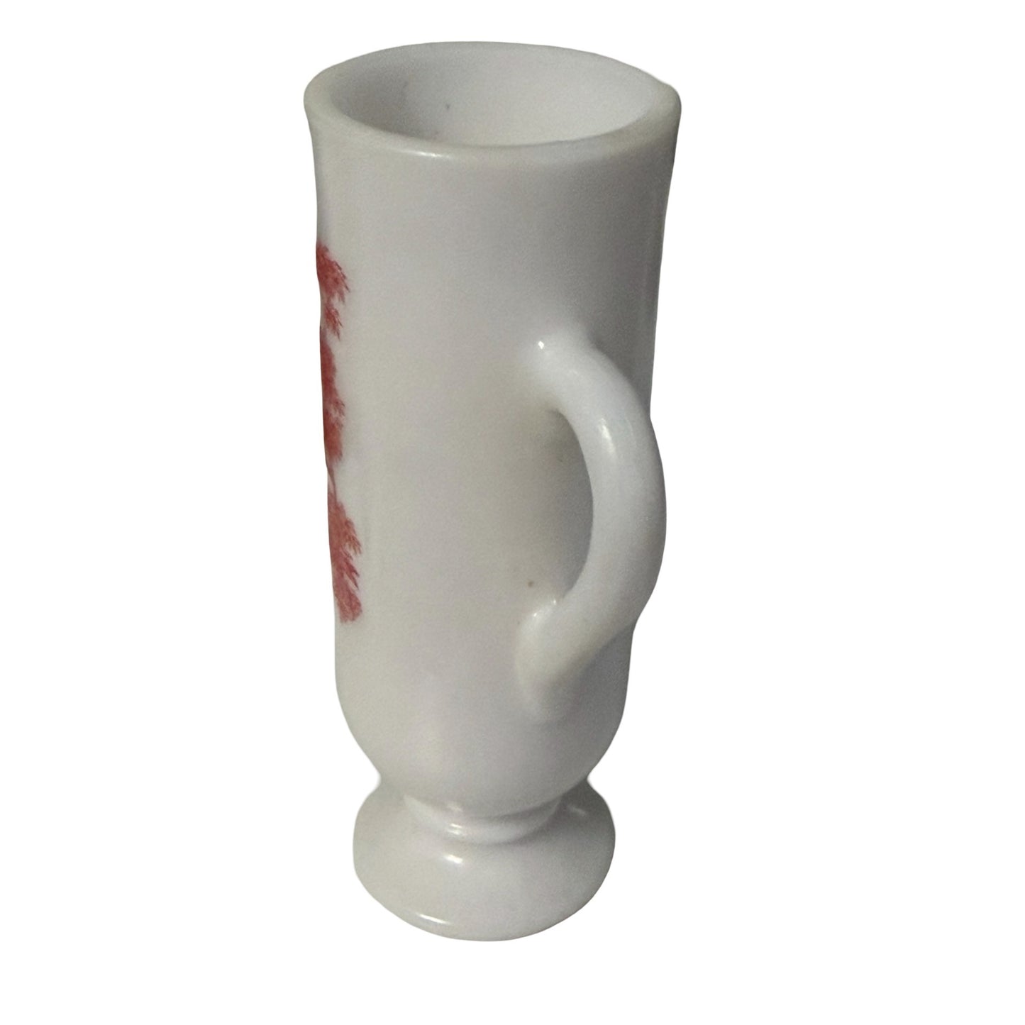 Vintage Milk Glass Pedestal Mug Red Toile Scene Colonial Couple Footed Cup