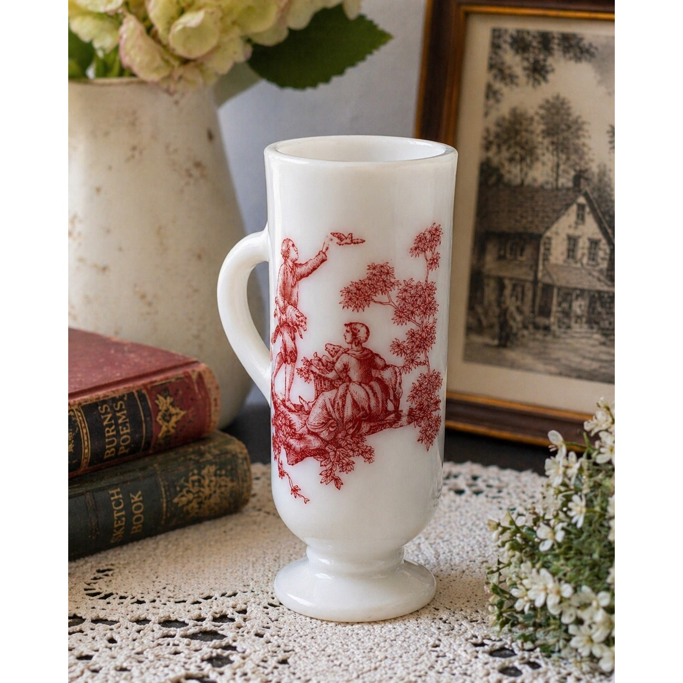 Vintage Milk Glass Pedestal Mug Red Toile Scene Colonial Couple Footed Cup