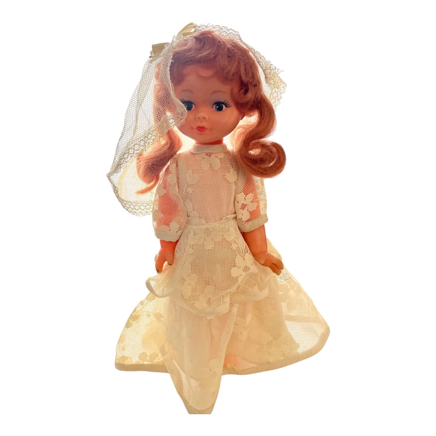 Vintage Bride Doll and Empire State Building Metal Tea Set with Crocheted Accessories
