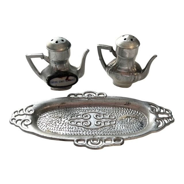 Vintage Bride Doll and Empire State Building Metal Tea Set with Crocheted Accessories