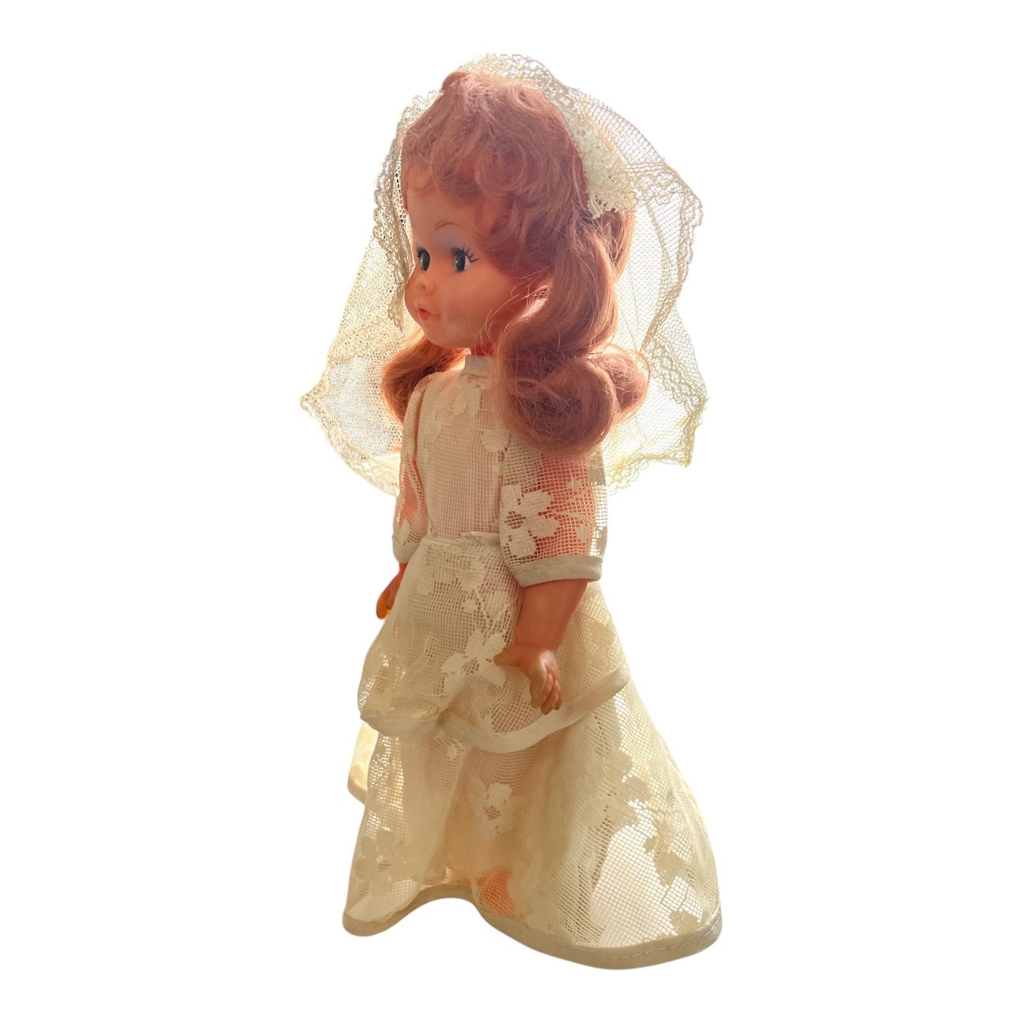 Vintage Bride Doll and Empire State Building Metal Tea Set with Crocheted Accessories