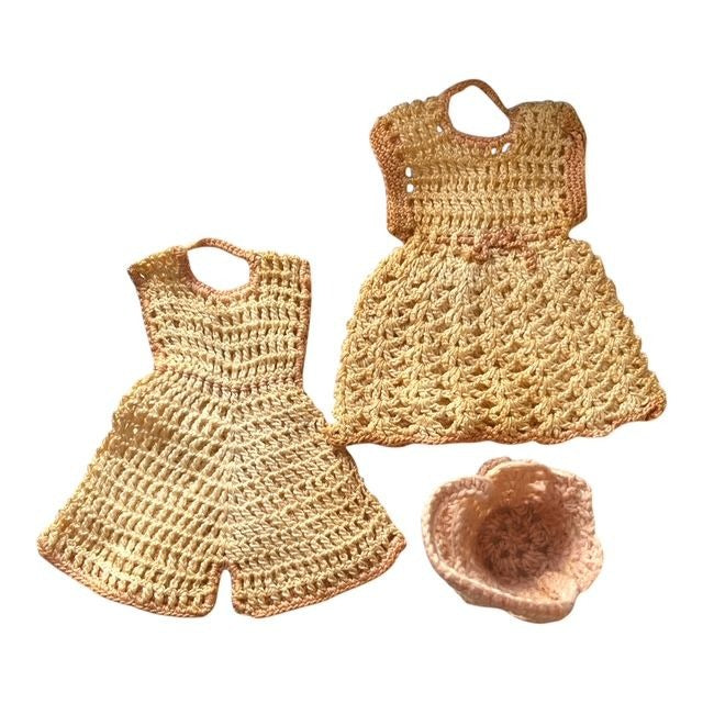 Vintage Bride Doll and Empire State Building Metal Tea Set with Crocheted Accessories