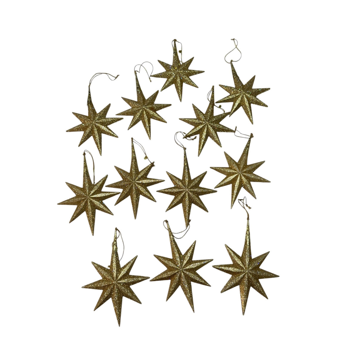 Vintage Taiwan Gold Glitter Atomic Starburst Christmas Ornaments Set of 12 6 Inch