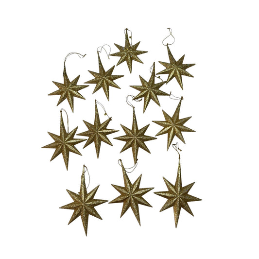 Vintage Taiwan Gold Glitter Atomic Starburst Christmas Ornaments Set of 12 6 Inch