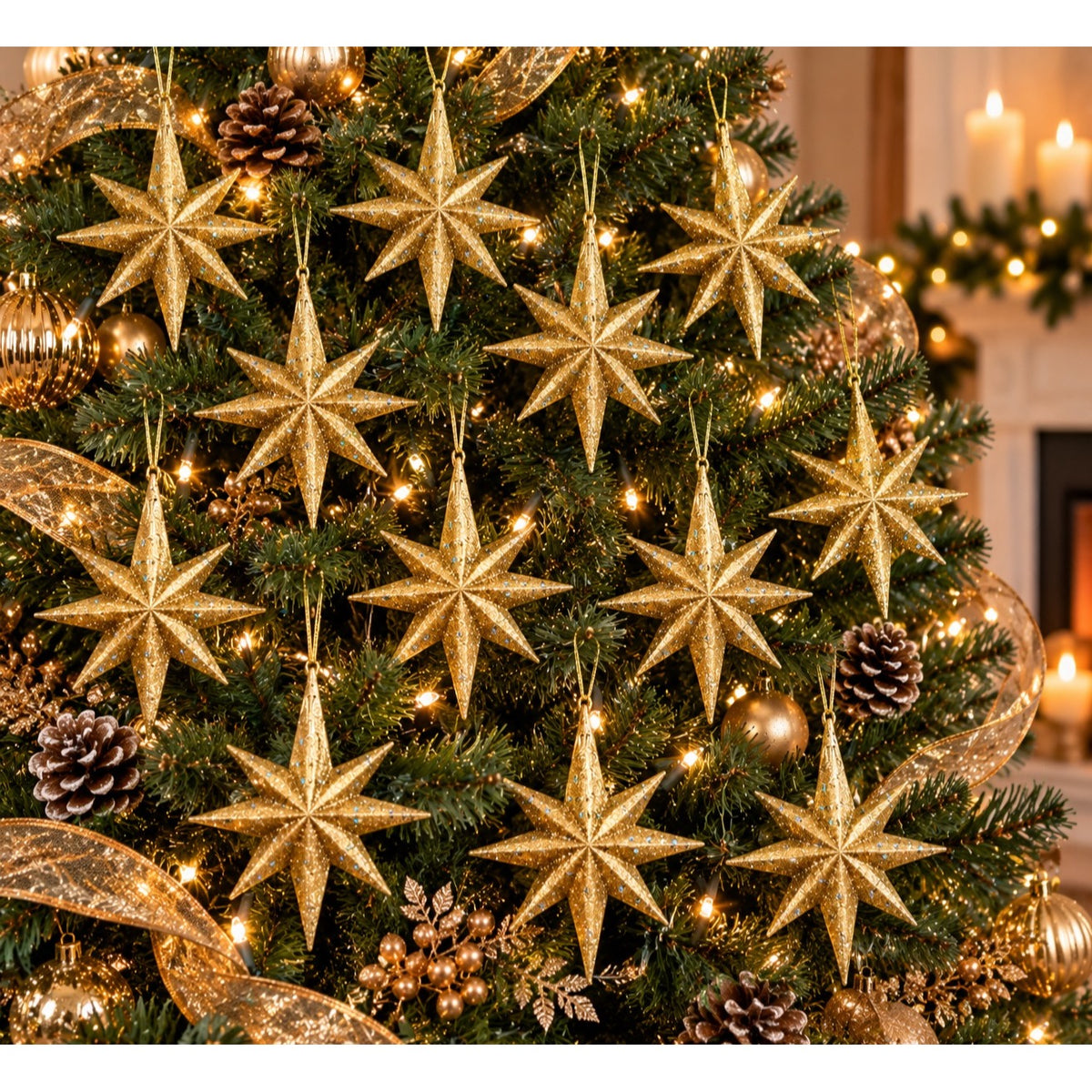 Vintage Taiwan Gold Glitter Atomic Starburst Christmas Ornaments Set of 12 6 Inch