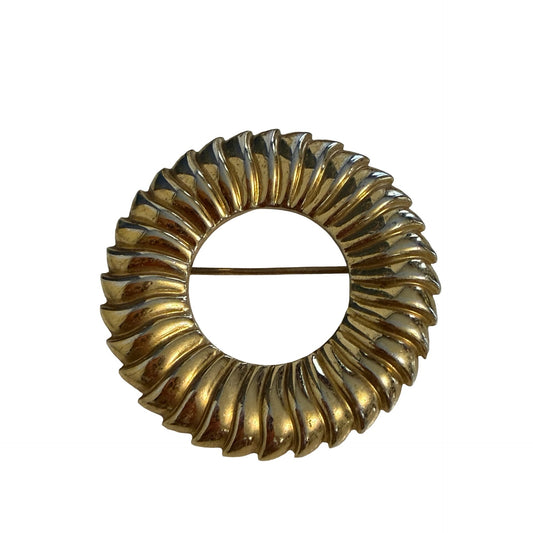 Vintage Monet Gold Tone Open Circle Swirl Brooch Pin Textured Statement Jewelry