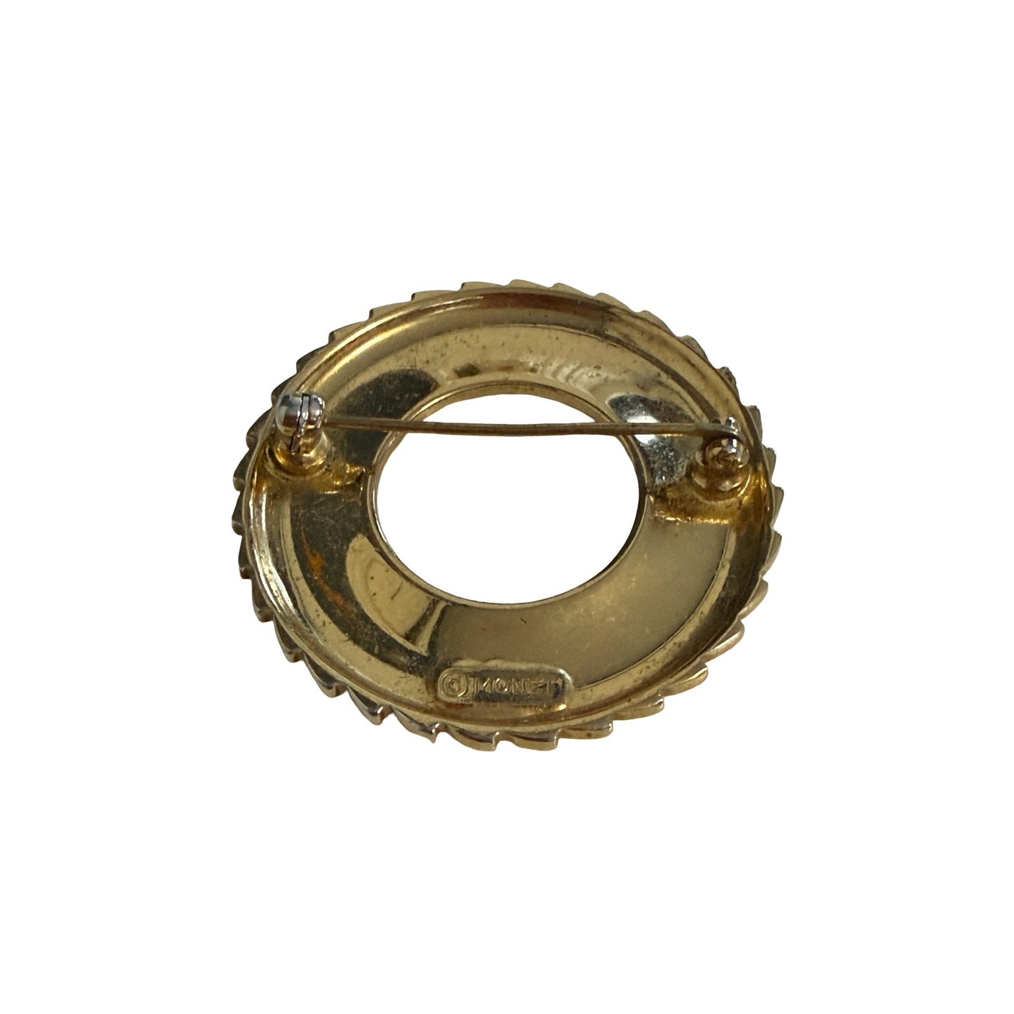 Vintage Monet Gold Tone Open Circle Swirl Brooch Pin Textured Statement Jewelry