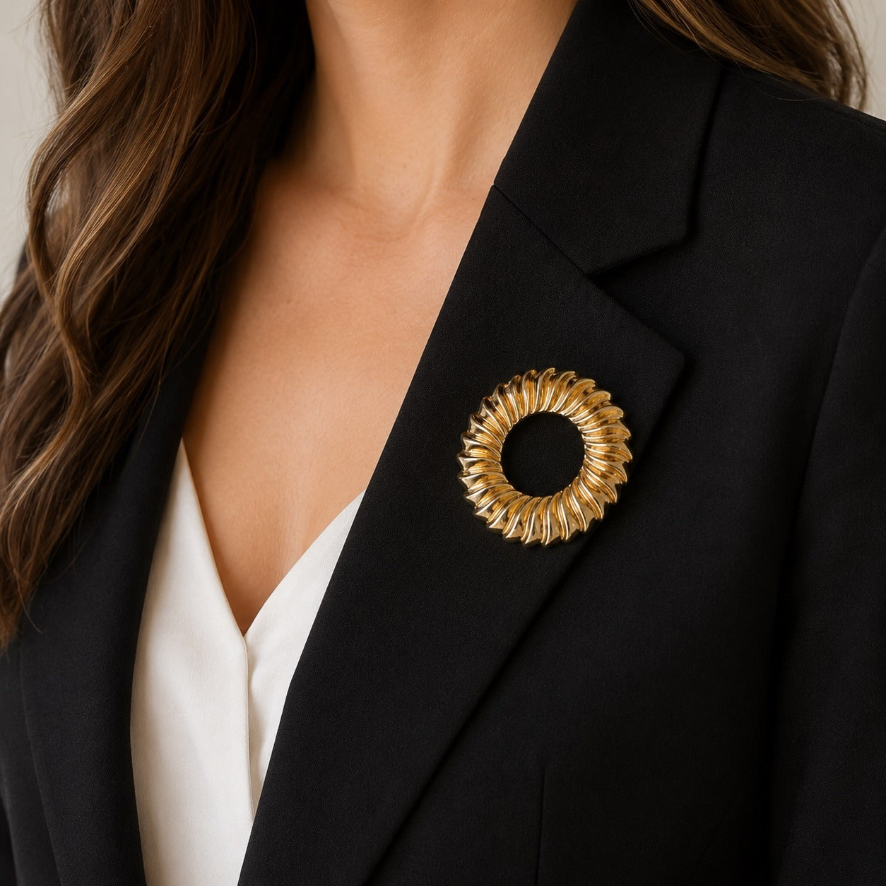 Vintage Monet Gold Tone Open Circle Swirl Brooch Pin Textured Statement Jewelry