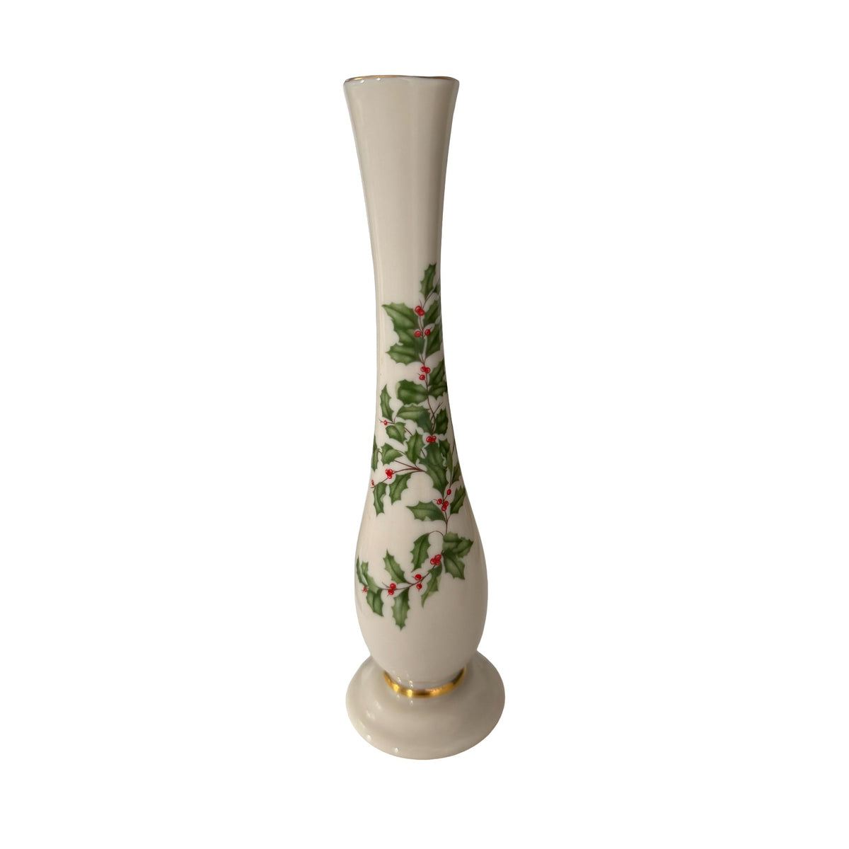 Vintage Lenox Holiday Holly Berry Bud Vase 7 Inch Fine China Gold Trim USA