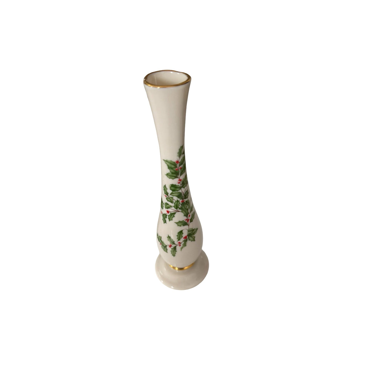 Vintage Lenox Holiday Holly Berry Bud Vase 7 Inch Fine China Gold Trim USA