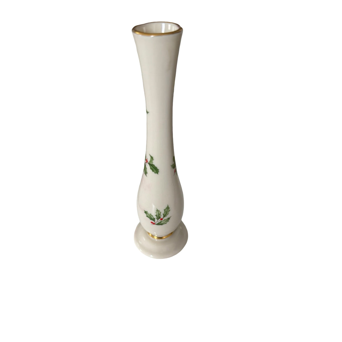 Vintage Lenox Holiday Holly Berry Bud Vase 7 Inch Fine China Gold Trim USA