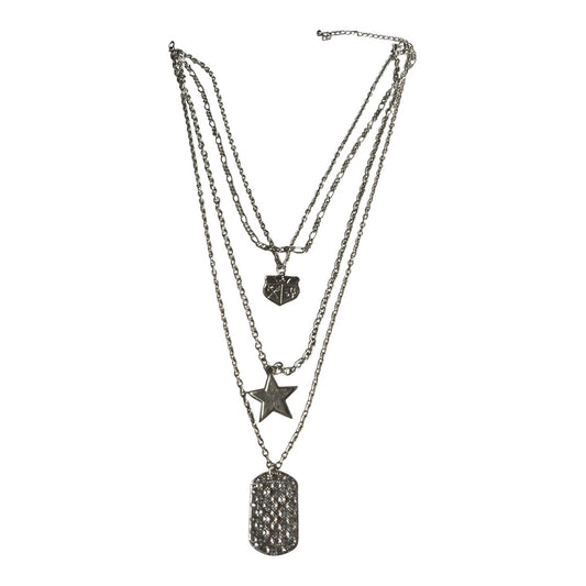 Y2K Layered Silver Tone Necklace with Star Crest and Dog Tag Charms