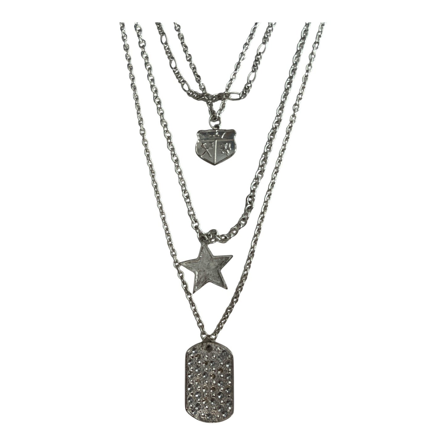 Y2K Layered Silver Tone Necklace with Star Crest and Dog Tag Charms