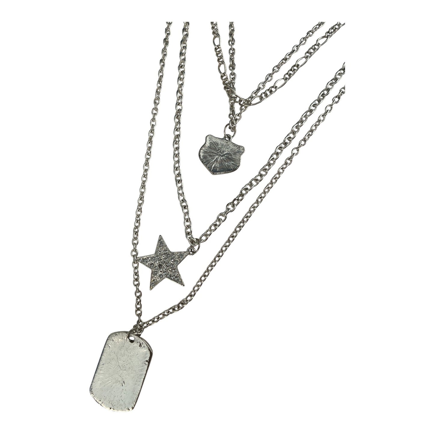 Y2K Layered Silver Tone Necklace with Star Crest and Dog Tag Charms