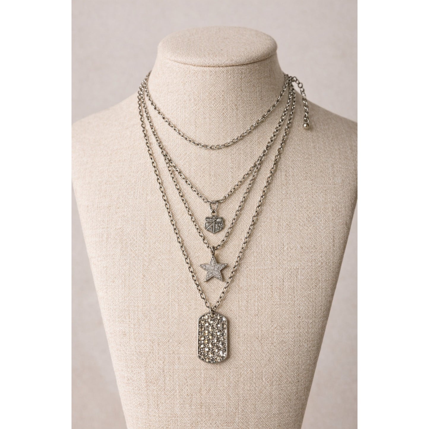 Y2K Layered Silver Tone Necklace with Star Crest and Dog Tag Charms